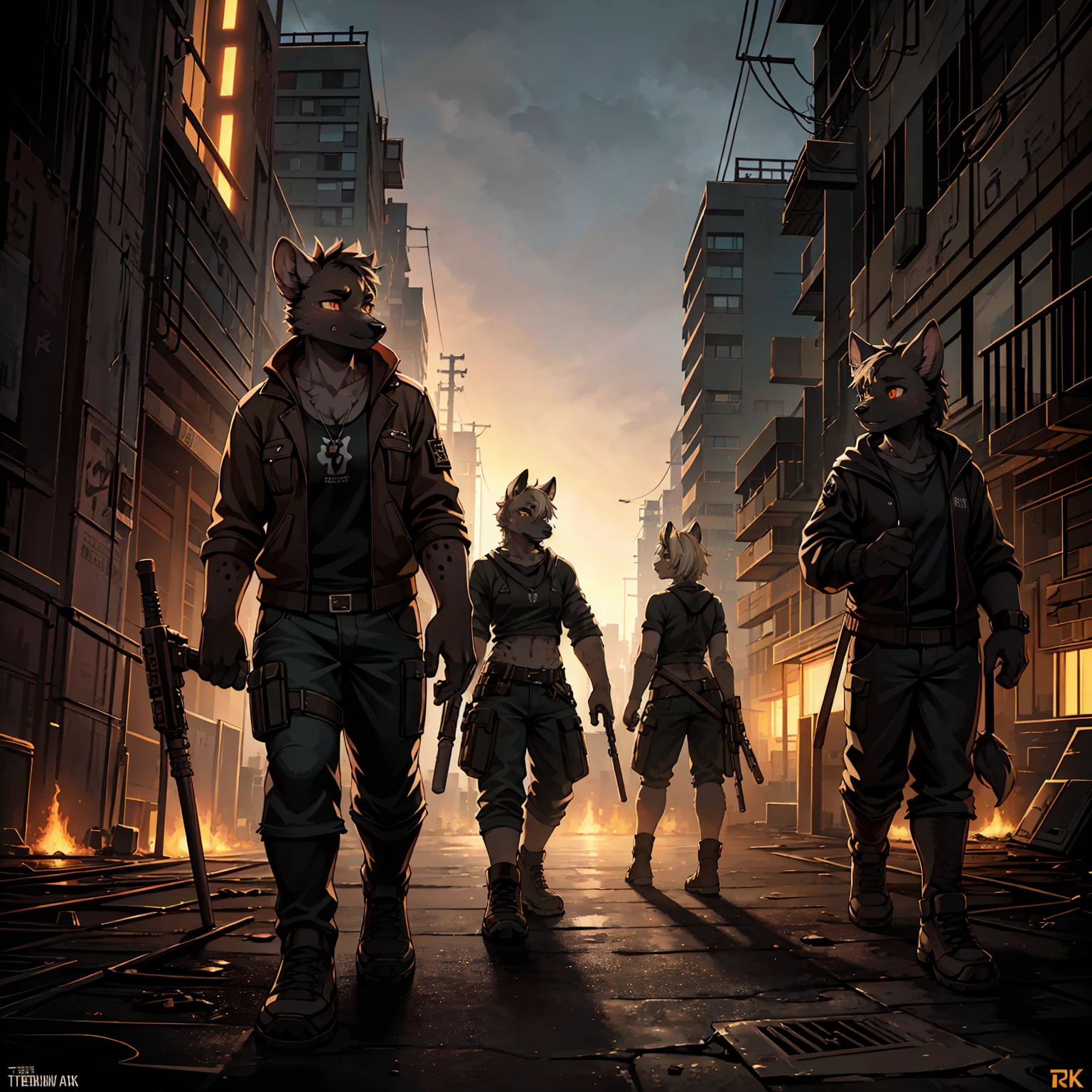 a group of female hyena-like humanoid creatures, holding baseball bats, threateningly standing in a dilapidated, dystopian city setting, (best quality,4k,8k,highres,masterpiece:1.2),ultra-detailed,(realistic,photorealistic,photo-realistic:1.37),dark cyberpunk atmosphere, moody lighting, dramatic angles, octane render, highly detailed, intricate textures, cinematic composition, muted color palette, gritty, post-apocalyptic