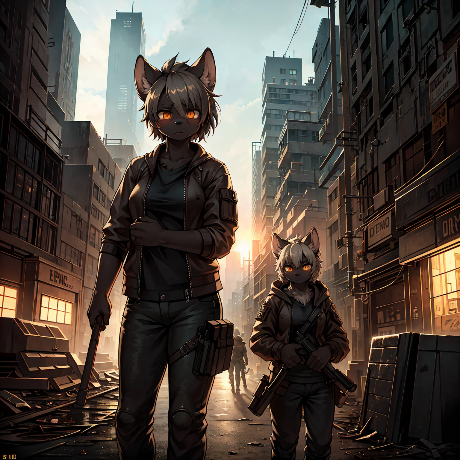 a group of female hyena-like humanoid creatures, holding baseball bats, threateningly standing in a dilapidated, dystopian city setting, (best quality,4k,8k,highres,masterpiece:1.2),ultra-detailed,(realistic,photorealistic,photo-realistic:1.37),dark cyberpunk atmosphere, moody lighting, dramatic angles, octane render, highly detailed, intricate textures, cinematic composition, muted color palette, gritty, post-apocalyptic