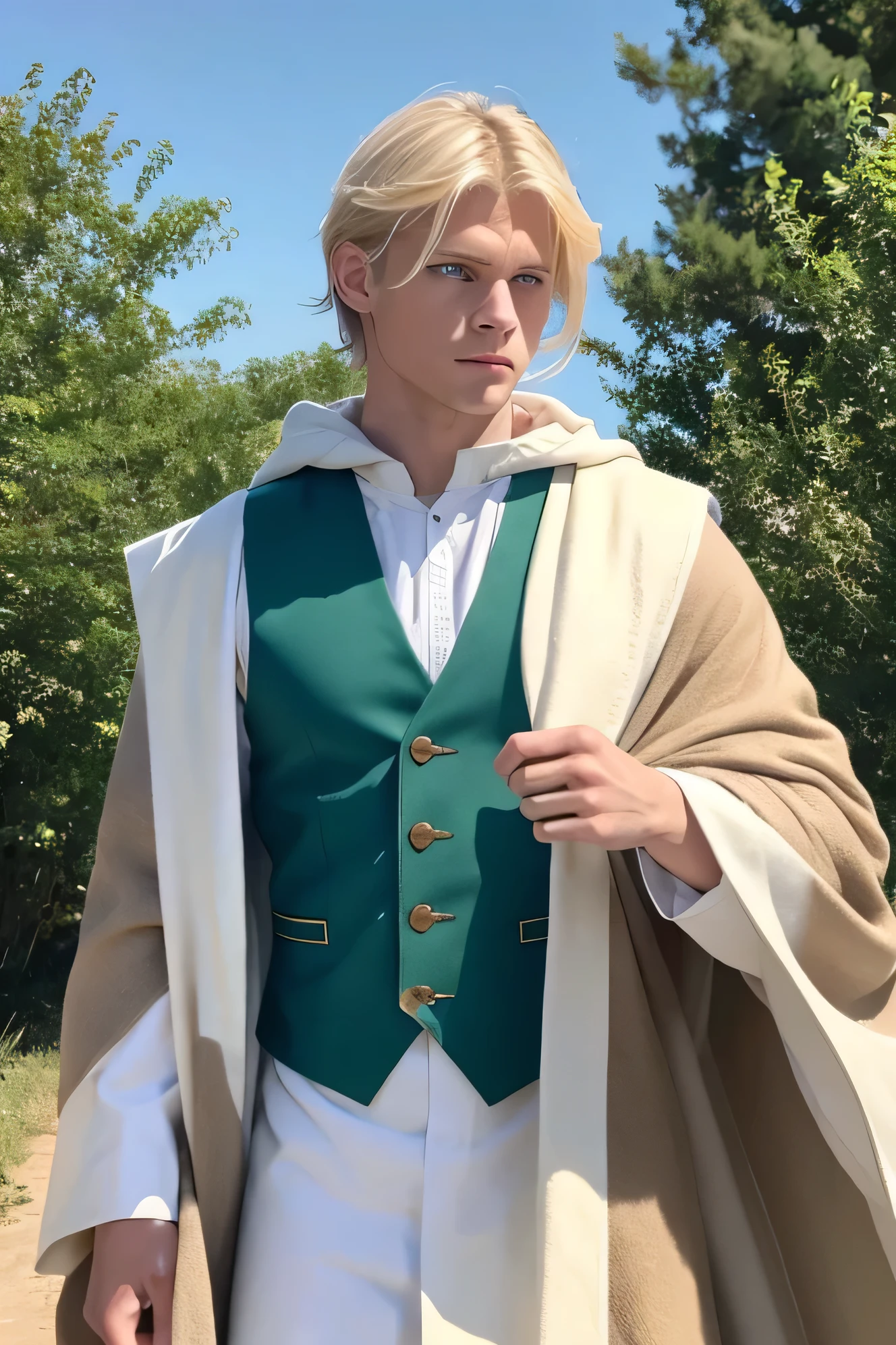 Western Men、Blonde hair and blue eyes、Green vest, white tunic, brown cloak