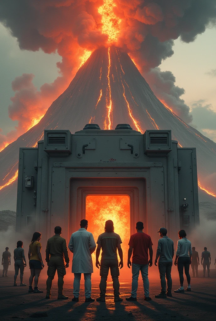 Here's a detailed concept for the image:
**Scene Description:**
- **Backdrop:** A dramatic apocalyptic scene featuring an erupting volcano with lava flowing down its sides and dark smoke billowing into the sky. Bombs are exploding in the distance, adding to the chaotic atmosphere.
- **Bunker:** At the center of the image is a sturdy, high-tech 4x4 bunker made of reinforced steel, with heavy doors slightly ajar, indicating safety within. The bunker has a sleek, futuristic design with various mechanical details like air vents, security cameras, and an electronic keypad next to the door.
- **Characters:** In front of the bunker, there are eight people standing in a line, each representing a different profession. All are the same height but differ in appearance, clothing, and props based on their jobs:
1. **Doctor:** Wearing a white lab coat, stethoscope around the neck, and holding a red first aid kit.
2. **Firefighter:** Dressed in full firefighting gear, with a helmet, and holding an axe.
3. **Surgeon:** In surgical scrubs, mask, and gloves, holding a scalpel in one hand and a surgical tray in the other.
4. **Clown:** Wearing a colorful clown suit with oversized shoes and a big red nose, holding a bunch of balloons.
5. **NASA Employee:** Wearing a space suit with NASA insignia, holding a helmet in one hand and a clipboard with a mission plan in the other.
6. **Prostitute:** Dressed in flashy, provocative clothing with high heels, striking a confident pose with a cigarette holder.
7. **Bunker Engineer:** Wearing overalls with a tool belt, holding a wrench, and a blueprint for the bunker.
8. **Cashier:** Wearing a supermarket uniform with a name tag, holding a cash register drawer filled with money.
9. **Carpenter:** Dressed in work clothes with a tool belt, holding a hammer in one hand and a plank of wood in the other. ALSO MUST BE!
- **Title:** Above the group, in bold, metallic letters, the word "SHELTER" is prominently displayed, with a sl