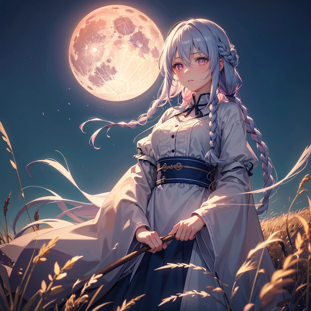 (Sky blue braided medium length hair), (Pink eyes),(Fair skin) ,(whole body),(One Girl),(harvest moon),(A large amount of Miscanthus sinensis in the background),autumn,(full moon),(masterpiece, Highest quality, Very detailed, Best Shadow), (Detailed Background), (Beautifully detailed face), High Contrast, (Best lighting, Very delicate and beautiful), ((Cinematic Light)), Hyper Detail,8k, Dramatic Light, Intricate details