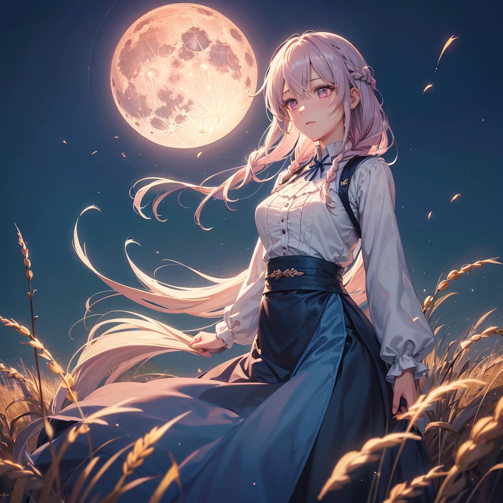 (Sky blue braided medium length hair), (Pink eyes),(Fair skin)  ,(whole body),(One Girl),(harvest moon),(A large amount of Miscanthus sinensis in the background),autumn,(full moon),(masterpiece, Highest quality, Very detailed, Best Shadow), (Detailed Background), (Beautifully detailed face), High Contrast, (Best lighting, Very delicate and beautiful), ((Cinematic Light)), Hyper Detail,8k, Dramatic Light, Intricate details