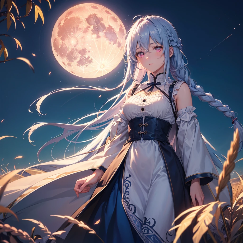 (Sky blue braided medium length hair), (Pink eyes),(Fair skin)  ,(whole body),(One Girl),(harvest moon),(A large amount of Miscanthus sinensis in the background),autumn,(full moon),(masterpiece, Highest quality, Very detailed, Best Shadow), (Detailed Background), (Beautifully detailed face), High Contrast, (Best lighting, Very delicate and beautiful), ((Cinematic Light)), Hyper Detail,8k, Dramatic Light, Intricate details