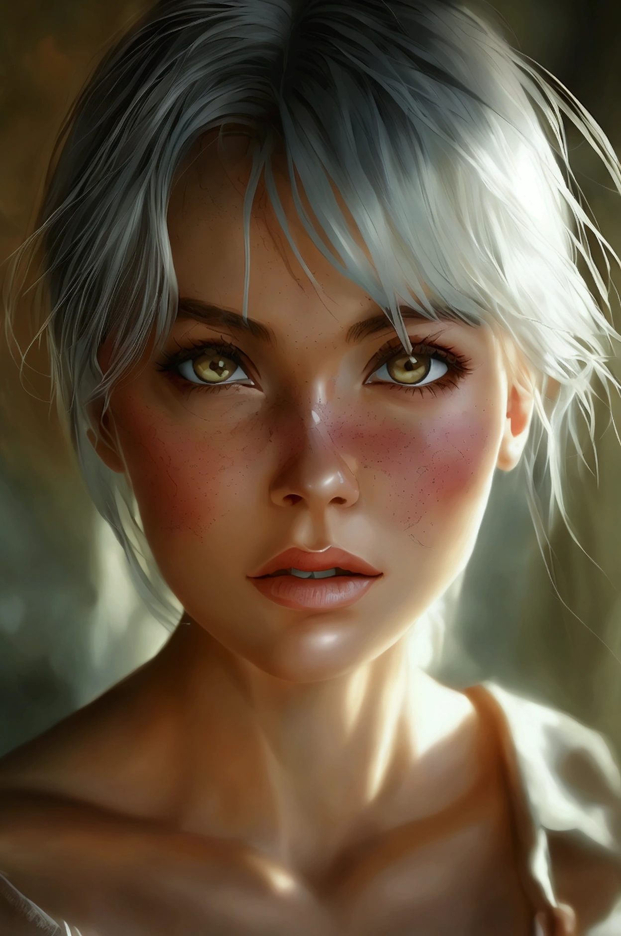 1 girl 23 old years , silver hair, amber eyes, excited, UHD, masterpiece, anatomically correct, super detail, high quality, high details, best quality, highres, HD, 16k, , in the style of Quentin Tarantino, Pastel, Modern, --c 51
