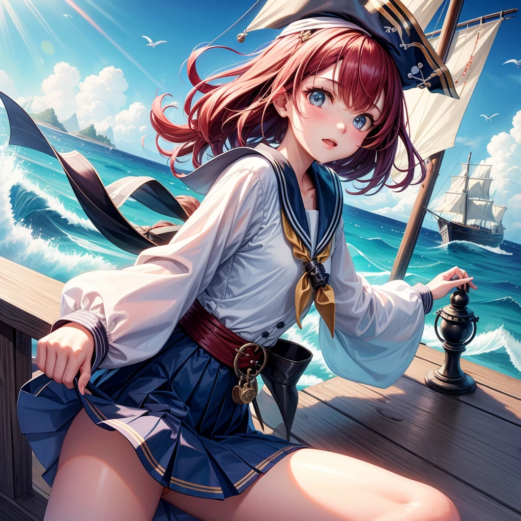 One Girl（８age）, pirate, Highest quality、Cinema Lighting、Sailor suit、Long skirt、 sailboat（Galleon）Deck of、White panties,