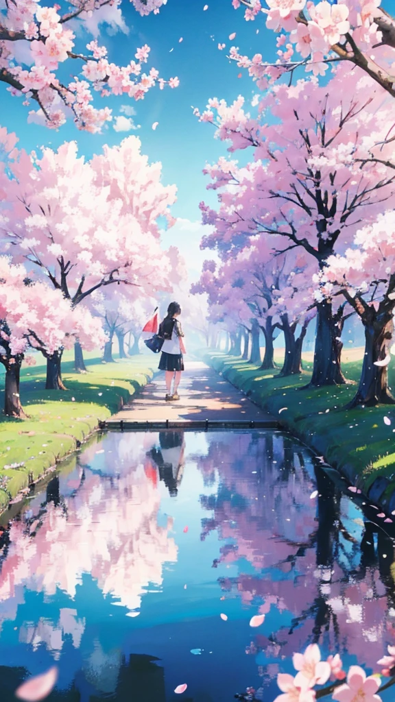 Cherry blossom petals fluttering、Two people walking together、A landscape that remains unchanged even as time passes,men and women,Black Hair,Simple clothing,masterpiece, 8k octane