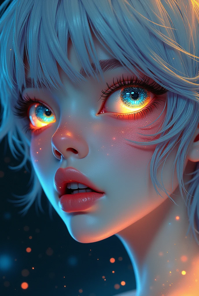 (Close-up of a better masterpiece:1.5)0.9], (Space and astronauts:1.2) (Messy silver hair:1.1) (Heterochromia xanthochromia and blue eyes:1.2) (Space Helmet:1.0) (Colored stars in the eyes:1.0) (A radiant glow:1.1) (thick lips:0.9)