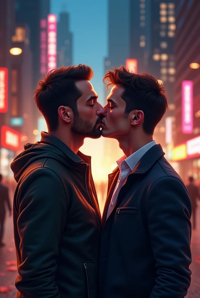 Two handsome men kissing，Background is a bustling city night scene，A brightly lit city scene。The style is modern realism，Presents detailed and realistic emotional expressions and vivid light and shadow effects。The picture is full of love and warmth，Capturing the affectionate glances and intimate gestures between the two men。High picture detail，The portrayal is meticulous，Let the viewer feel as if they are in this touching moment，Feel the power of love。