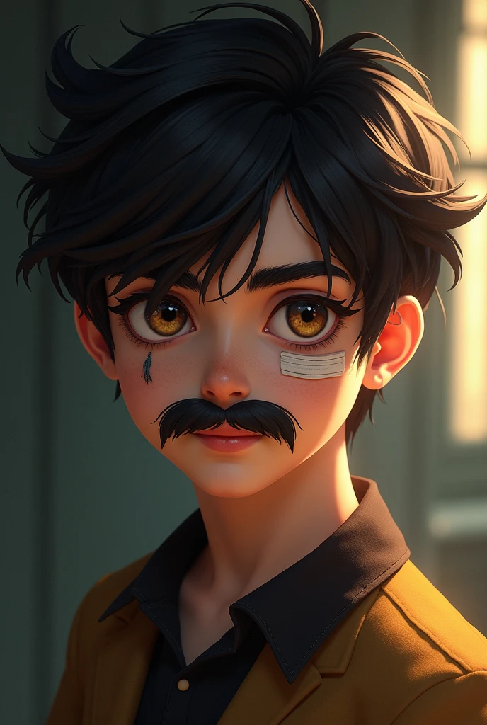 A boy with dark brown hair, with a charming mustache with a scar on his left eye and a bandage over his left eye