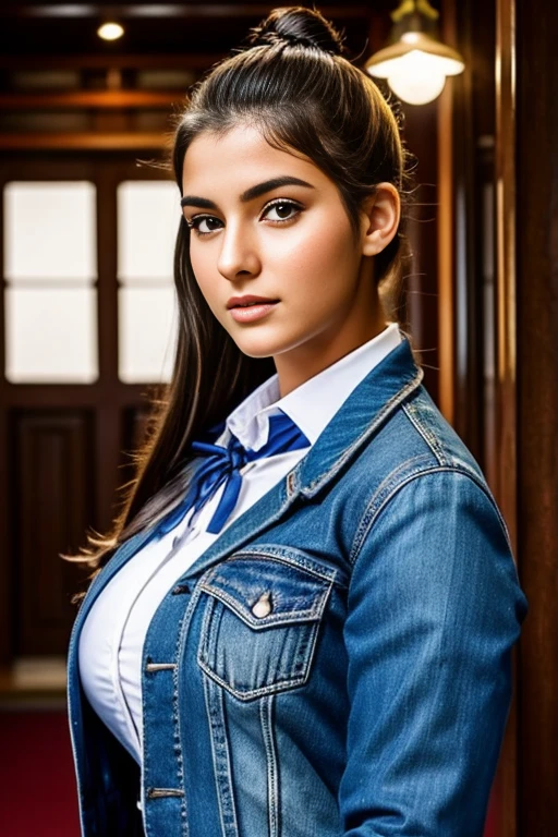 20-year-old school life School photos Masterpiece, (Realistic:1.4), Highest quality, Beautiful lighting,Eleanor Middle Eastern woman 20 years old Big breasts Plus size model Bun hair Bun hair podnosi sódniczkę do góry uniesiona sódniczka,((cowboy shot))