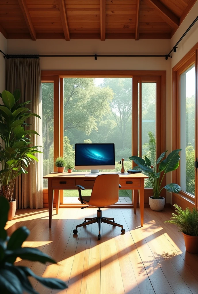 Office room design
Wooden floor
Big PC on the wood table and office chair
Open window and door, garden view