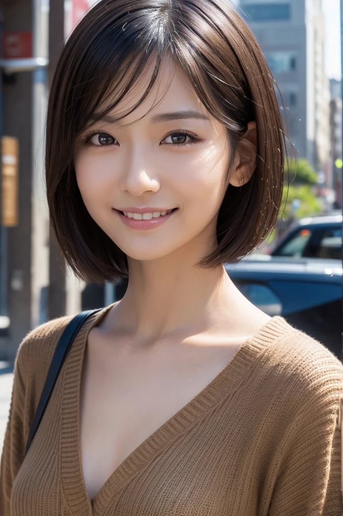 (masterpiece:1.3), (Photo realistic, Raw photography, top-quality: 1.4), Skinny Japanese woman, 29 years old, (1girl in), (Lifelike face), detailed face, detailed eyes, (A dark-haired, Short hair:1.3), (real looking skin), (Casual), Ultra high resolution, A hyper-realistic, high-detail,Background blur,City,building,office,garden,beige,sober,clear,Smile