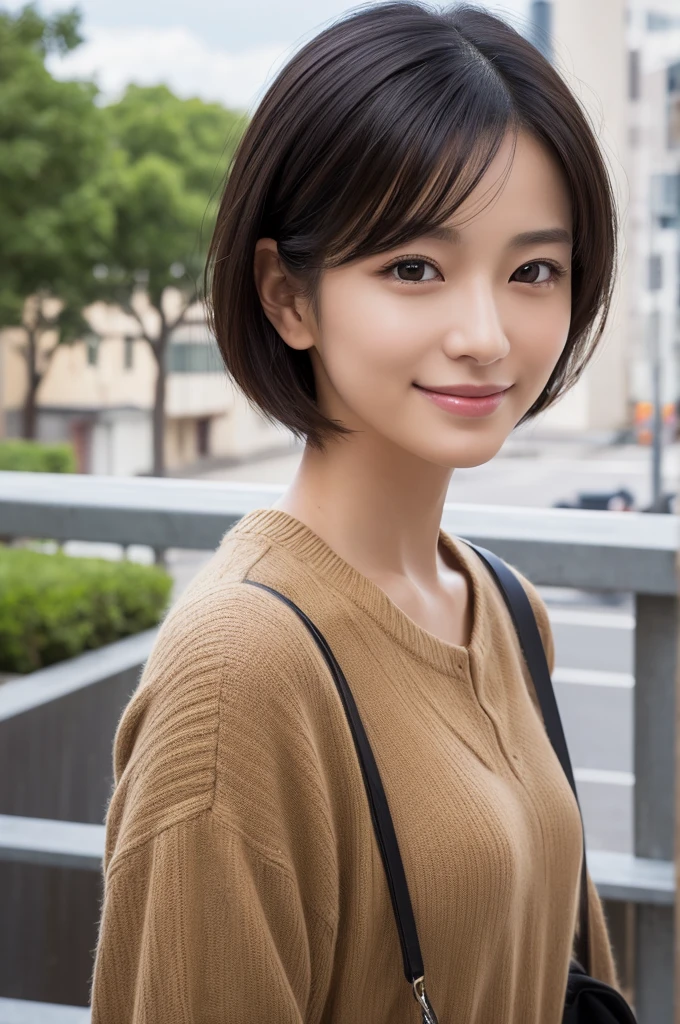 (masterpiece:1.3), (Photo realistic, Raw photography, top-quality: 1.4), Skinny Japanese woman, 29 years old, (1girl in), (Lifelike face), detailed face, detailed eyes, (A dark-haired, Short hair:1.3), (real looking skin), (Casual), Ultra high resolution, A hyper-realistic, high-detail,Background blur,City,building,office,garden,beige,sober,clear,Smile