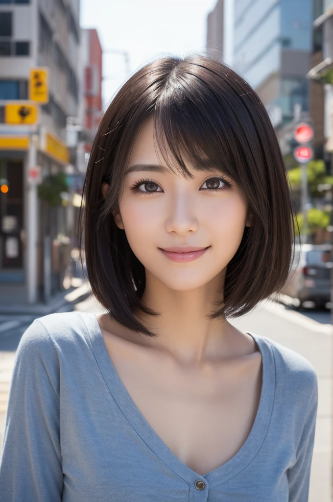 (masterpiece:1.3), (Photo realistic, Raw photography, top-quality: 1.4), Skinny Japanese woman, 29 years old, (1girl in), (Lifelike face), detailed face, detailed eyes, (A dark-haired, Short hair:1.3), (real looking skin), (Casual), Ultra high resolution, A hyper-realistic, high-detail,Background blur,City,building,office,garden,beige,sober,clear,Smile

