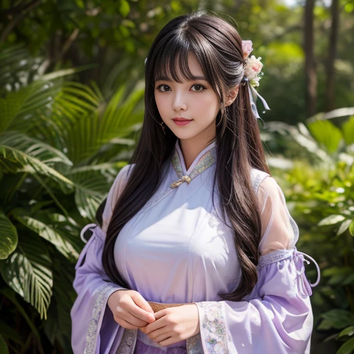 best quality, Delicate face，beautiful visual work, lifelike, eternity, black hair, Long curly hair, blunt bangs, Smile, Detailed Background, Delicate face，blush，cold，((masterpiece))、(top quality)、8k、high detail、Super detailed，31-year-old female，身穿唐制Hanfu、waist skirt, Clothes are light and fluffy，Hanfu, wide sleeves, Transparent sleeves, Long sleeve, Tunic, Clothes made of chiffon, masterpiece、born、Scenes resembling fairy tale illustrations、intricate details和複雜的設計、Beautifully、magic、capricious、 Beautifully、Dream aesthetics、「𝓡𝓸𝓶𝓪𝓷𝓽𝓲𝓬、ethereal、charming、fickle、magic」、realism、Visual effects、FXAA、SSAO、Shader、voiceless、ambient lighting、Tone mapping、High resolution、Ultra high quality、Million pixels、(8K resolution:1.10)、8k、8k以下、8K resolution、high detail、intricate details， (high quality:1.2、masterpiece:1.2、:1.21)、(31-year-old female:1.21)、(興奮地Smile)、(被dream般的氛圍所包圍、Model diagram，full-body shot，Normal 2 feet，Put your hands behind you，The protrusion of the breast is visible when wearing clothes, Large Breasts, H cup chest, antiquity, Xian Xia, gauze clothes, Soft and fluttering, Fairy, dream, fantasy, light, Elegant, nature, Immortal, romantic, classical, ribbon, light purple clothes，Behind the Forest
