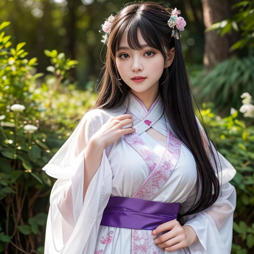 best quality, Delicate face,beautiful visual work, lifelike, eternity, black hair, Long curly hair, blunt bangs, Smile, Detailed Background, Delicate face,blush,cold,((masterpiece))、(top quality)、8k、high detail、Super detailed,31-year-old female,身穿唐制Hanfu、waist skirt, Clothes are light and fluffy,Hanfu, wide sleeves, Transparent sleeves, Long sleeve, Tunic, Clothes made of chiffon, masterpiece、born、Scenes resembling fairy tale illustrations、intricate details和複雜的設計、Beautifully、magic、capricious、 Beautifully、Dream aesthetics、「𝓡𝓸𝓶𝓪𝓷𝓽𝓲𝓬、ethereal、charming、fickle、magic」、realism、Visual effects、FXAA、SSAO、Shader、voiceless、ambient lighting、Tone mapping、High resolution、Ultra high quality、Million pixels、(8K resolution:1.10)、8k、8k以下、8K resolution、high detail、intricate details, (high quality:1.2、masterpiece:1.2、:1.21)、(31-year-old female:1.21)、(興奮地Smile)、(被dream般的氛圍所包圍、Model diagram,full-body shot,Normal 2 feet,Put your hands behind you,The protrusion of the breast is visible when wearing clothes, Large Breasts, H cup chest, antiquity, Xian Xia, gauze clothes, Soft and fluttering, Fairy, dream, fantasy, light, Elegant, nature, Immortal, romantic, classical, ribbon, light purple clothes,Behind the Forest