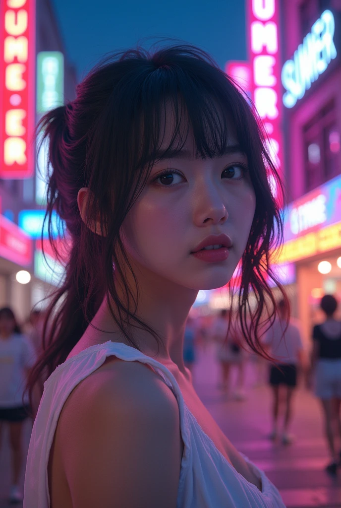 Best image quality (8k, High resolution, masterpiece: 1.2), Very detailed, Random Hairstyles, 16-year-old woman,
Extraordinary beautiful girl、Cute and beautiful face details、(Dealing with the Children_v1:0.008)、Japanese idol poster、A fantastic night town with the neon letters "SUMMER" shining