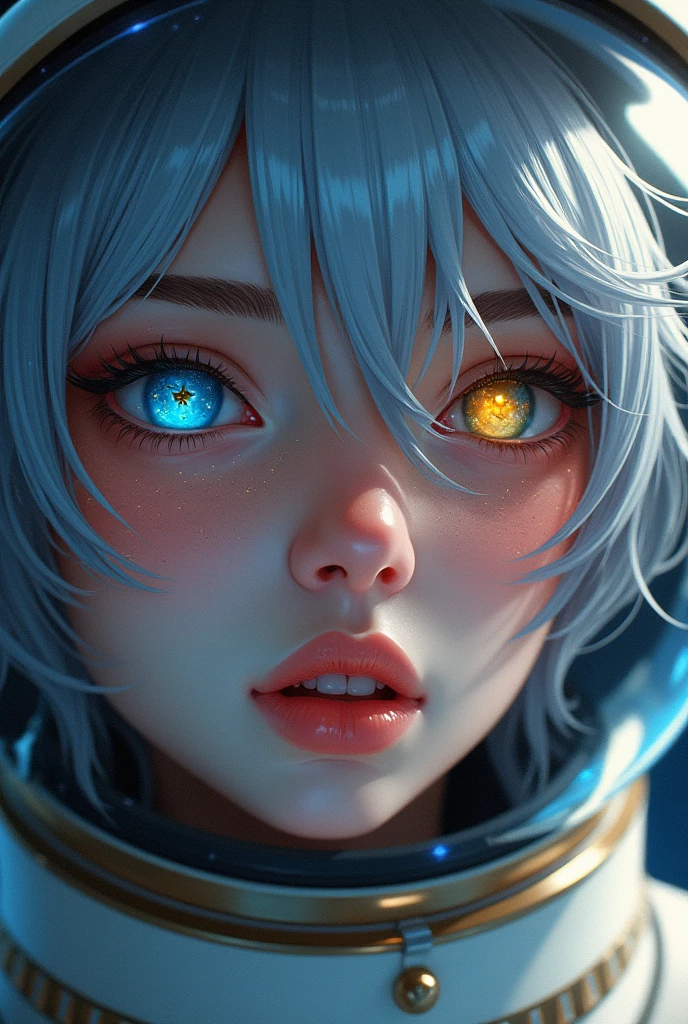 (Close-up of a better masterpiece:1.5)0.9], (Space and astronauts:1.2) (Messy silver hair:1.1) (Heterochromia xanthochromia and blue eyes:1.2) (Space Helmet:1.0) (Colored stars in the eyes:1.0) (A radiant glow:1.1) (thick lips:0.9)