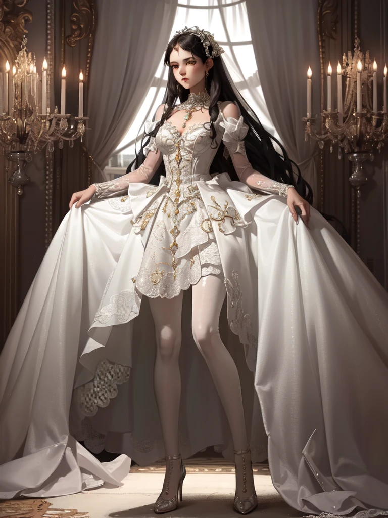 masterpiece, absurdres, incredibly absurdres, extremely detailed, best quality, lodress, white pantyhose,high heels, full body, 1girl, solo, slim, long black hair, expressionless, looking at viewer, detailed background, standing, indoors, palace, luxury decorations, sunshine,  