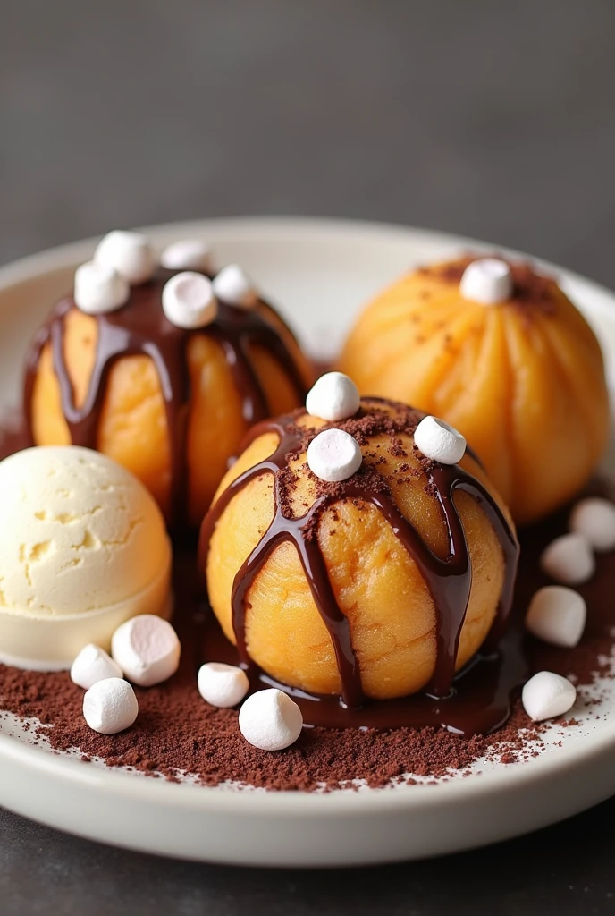 Make me an image of wrap pops. It’s a siomai wrapper with sweet fillings of ube-cheese, chocolate-banana, and mango-cream cheese. It’s ball form. It’s fried so it’s crispy in the outside and sweet in the outside. I want it to be sealed. It has a chocolate and ube drizzled plus marshmallows on top. It also has ice cream on top. I want the image to have all that 3 flavors. It’s not in stick. 1 ice cream only. Put it in a plate. I want it have all flavors and fruits, 3 balls only. I want it have ube and chocolate drizzled, marshmallows, and ice cream on top please