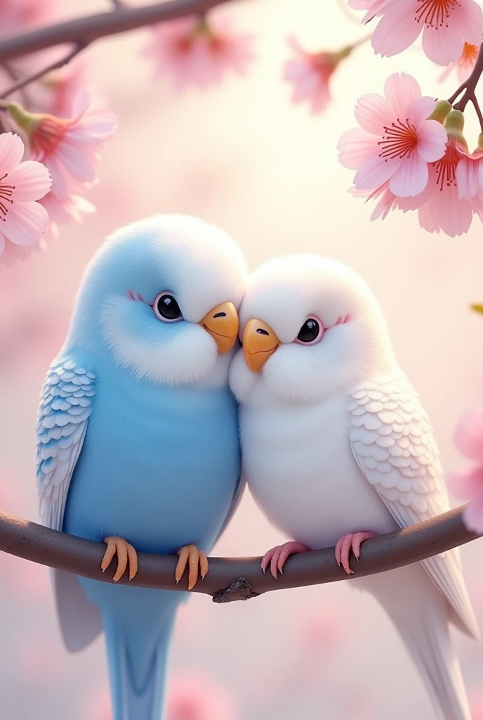 Cute budgerigar with light blue head and white feathers painted in light blue、I'm sitting on the branch of a cherry tree!
Next to her is a pure white female bird!