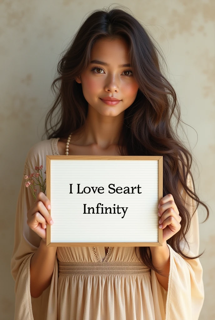Beautiful girl with wavy long hair, bohemian dress, holding a white board with text "I Love Seaart Infinity" and showing it to the viewer