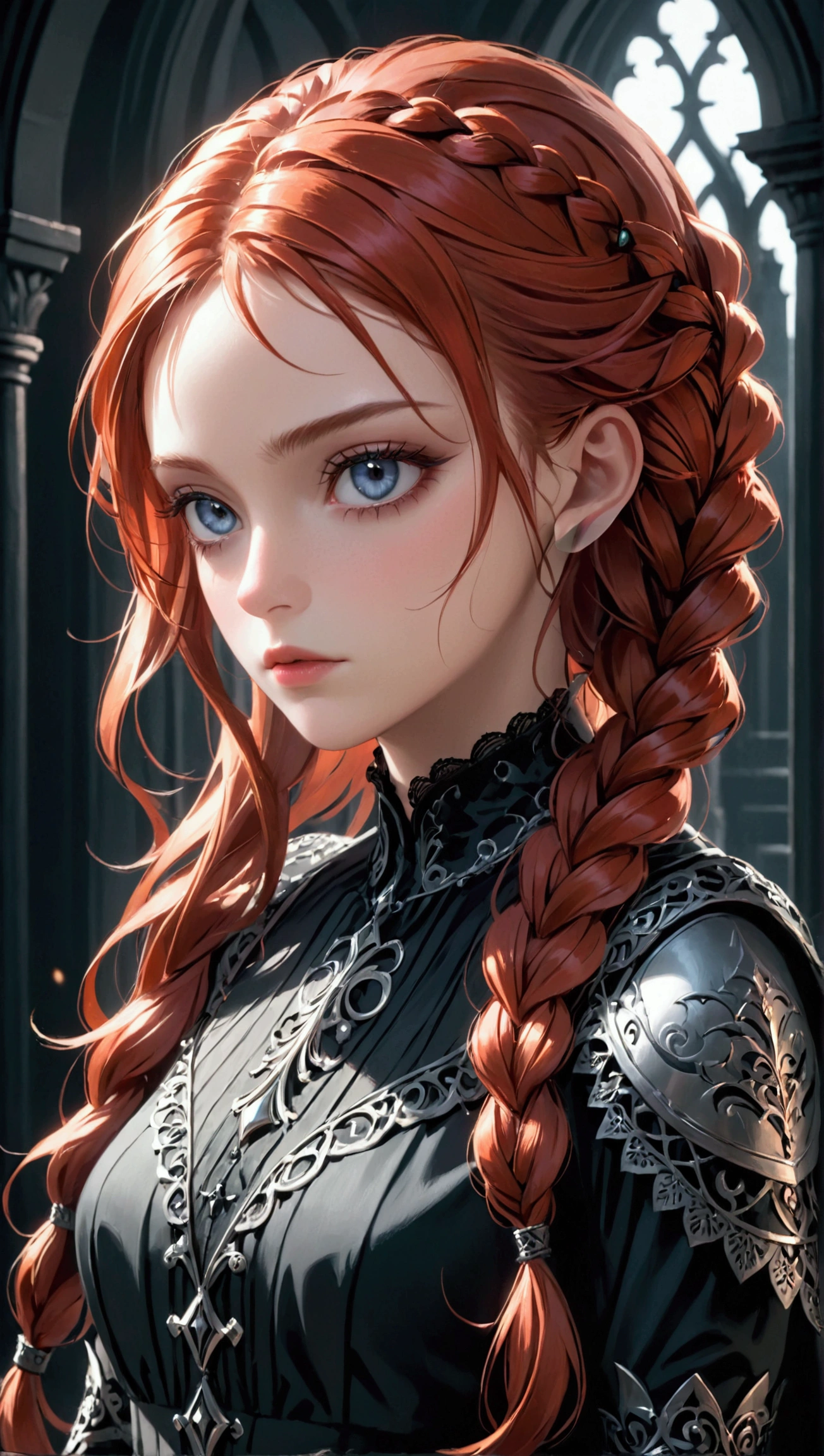 a beautiful redheaded woman in her 20s, wild hair, braids, dark fantasy, gloomy, highly detailed face, beautiful detailed eyes, beautiful detailed lips, extremely detailed eyes and face, long eyelashes, intricate hair details, cinematic lighting, dramatic shadows, moody color palette, gothic style, dark and mysterious atmosphere, photorealistic, 8k, ultra-detailed, masterpiece, realistic, photo-realistic