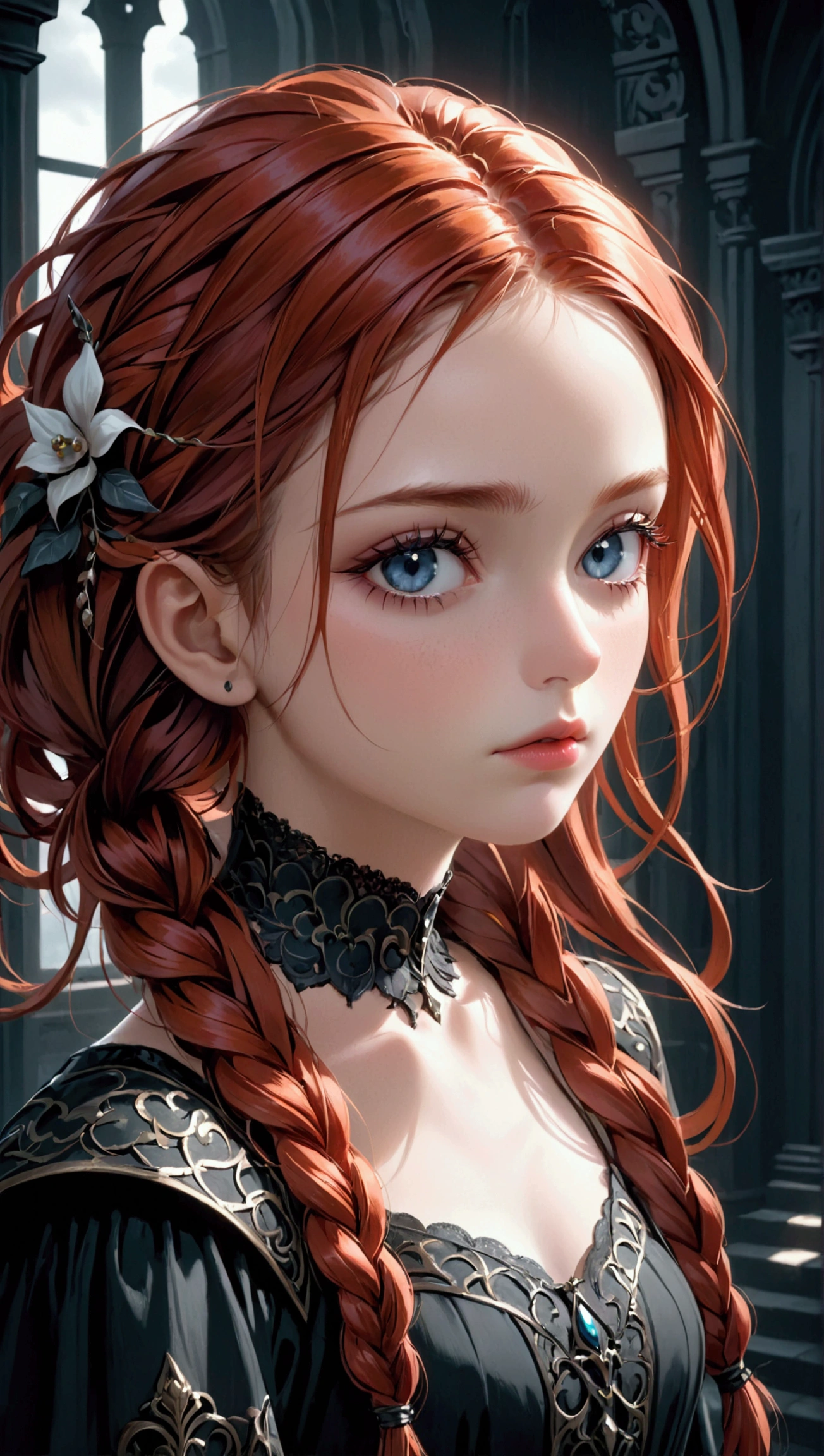 a beautiful redheaded woman in her 20s, wild hair, braids, dark fantasy, gloomy, highly detailed face, beautiful detailed eyes, beautiful detailed lips, extremely detailed eyes and face, long eyelashes, intricate hair details, cinematic lighting, dramatic shadows, moody color palette, gothic style, dark and mysterious atmosphere, photorealistic, 8k, ultra-detailed, masterpiece, realistic, photo-realistic