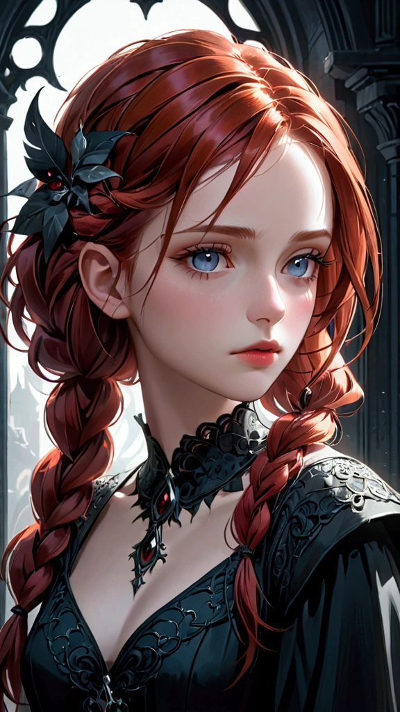 a beautiful redheaded woman in her 20s, wild hair, braids, dark fantasy, gloomy, highly detailed face, beautiful detailed eyes, beautiful detailed lips, extremely detailed eyes and face, long eyelashes, intricate hair details, cinematic lighting, dramatic shadows, moody color palette, gothic style, dark and mysterious atmosphere, photorealistic, 8k, ultra-detailed, masterpiece, realistic, photo-realistic