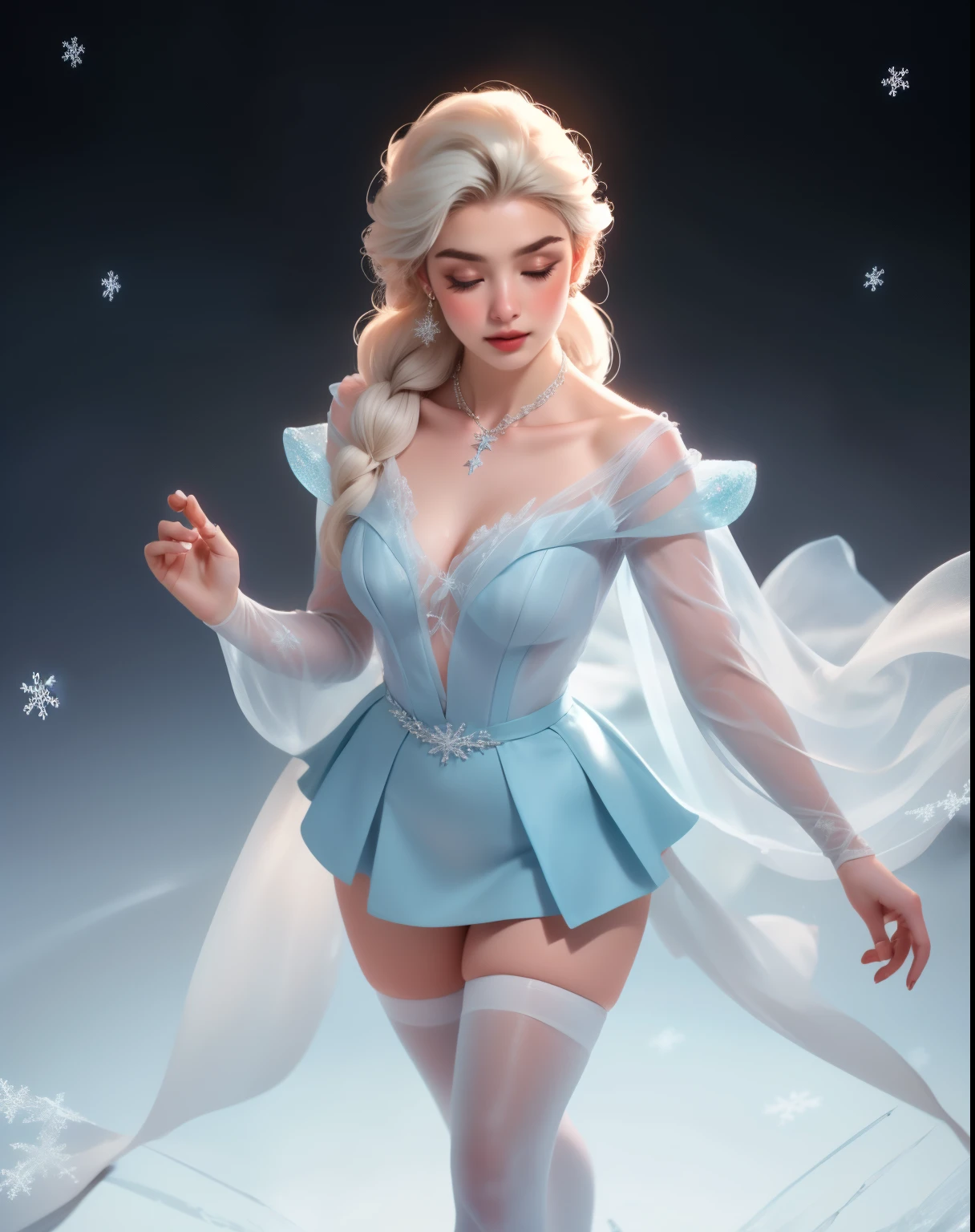 cinematic film still 1girl, solo, beautiful adult woman, high quality, elsa \(frozen\), (blue:1.1 cotton dress), gossamer cloak, (frost magic), (snowflakes), platinum blonde braid, lips apart, best quality, highres, high detail, ruffl3_1, ((red)) ruffled blouse, catwalk, walking, shadows above,from above, delicate chain belt, zettai ryouiki, cuffs, peplum . shallow depth of field, vignette, highly detailed, high budget, bokeh, cinemascope, moody, epic, gorgeous, film grain, grainy, Elsa Frozen, Highest picture quality, masterpiece, ultra-high definition, (reality: 1.4), original picture, full body portrait, perfect body, slim fit body, super beautiful girl, super real texture and translucent skin, fair and delicate skin, white and crystal clear ceramic skinshow nipples, medium breasts, show vagina, spread legs.