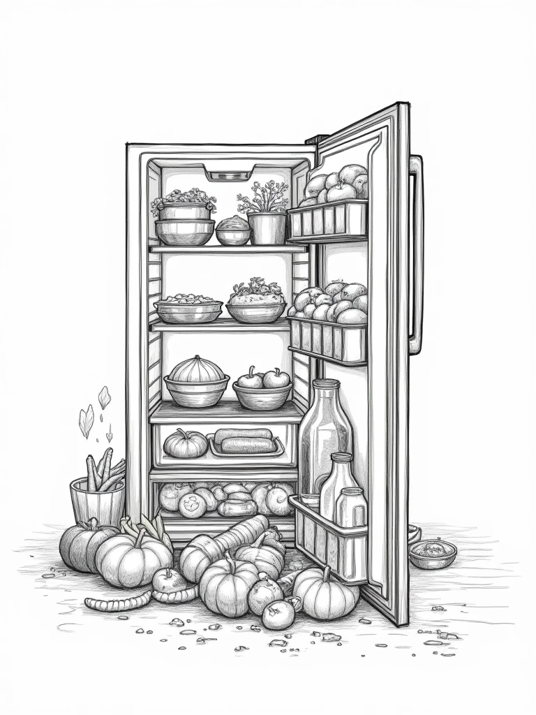 detailed pencil sketch of an open fridge with vegetables and leftover food kept inside