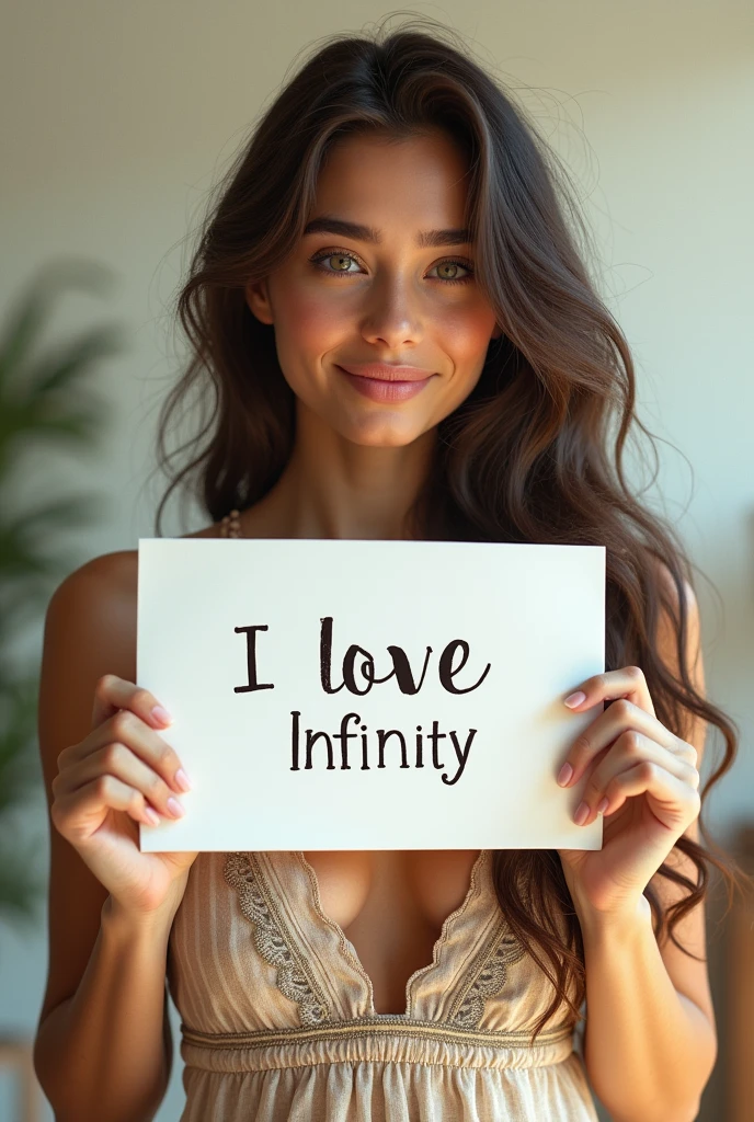 Beautiful girl with wavy long hair, bohemian dress, holding a white board with text "I Love Seaart Infinity" and showing it to the viewer