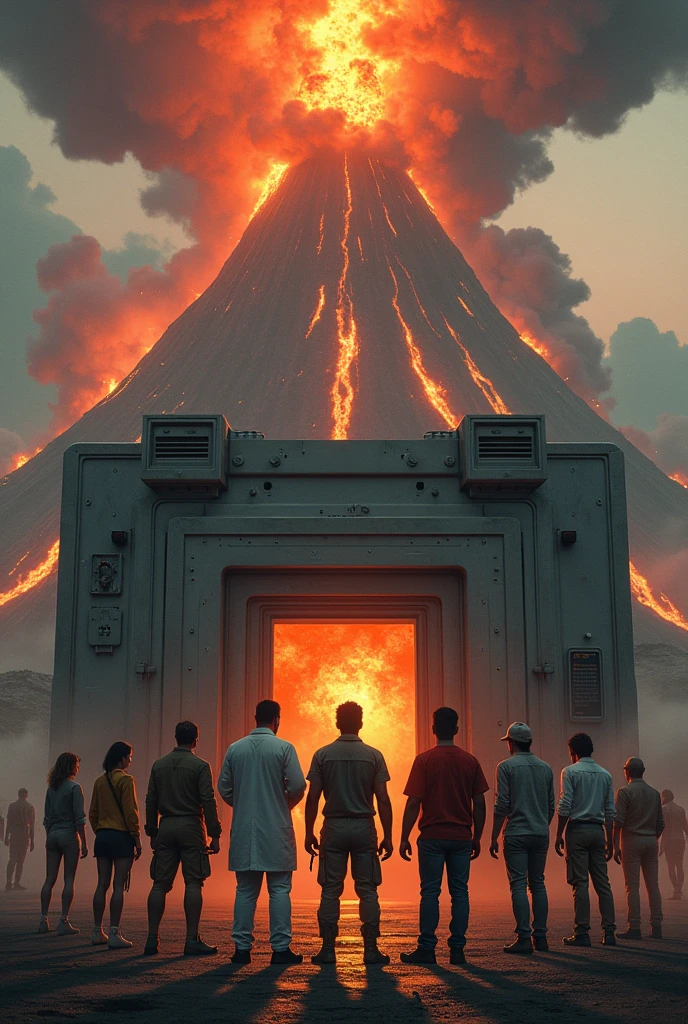 Here's a detailed concept for the image:
**Scene Description:**
- **Backdrop:** A dramatic apocalyptic scene featuring an erupting volcano with lava flowing down its sides and dark smoke billowing into the sky. Bombs are exploding in the distance, adding to the chaotic atmosphere.
- **Bunker:** At the center of the image is a sturdy, high-tech 4x4 bunker made of reinforced steel, with heavy doors slightly ajar, indicating safety within. The bunker has a sleek, futuristic design with various mechanical details like air vents, security cameras, and an electronic keypad next to the door.
- **Characters:** In front of the bunker, there are eight people standing in a line, each representing a different profession. All are the same height but differ in appearance, clothing, and props based on their jobs:
1. **Doctor:** Wearing a white lab coat, stethoscope around the neck, and holding a red first aid kit.
2. **Firefighter:** Dressed in full firefighting gear, with a helmet, and holding an axe.
3. **Surgeon:** In surgical scrubs, mask, and gloves, holding a scalpel in one hand and a surgical tray in the other.
4. **Clown:** Wearing a colorful clown suit with oversized shoes and a big red nose, holding a bunch of balloons.
5. **NASA Employee:** Wearing a space suit with NASA insignia, holding a helmet in one hand and a clipboard with a mission plan in the other.
6. **Prostitute:** Dressed in flashy, provocative clothing with high heels, striking a confident pose with a cigarette holder.
7. **Bunker Engineer:** Wearing overalls with a tool belt, holding a wrench, and a blueprint for the bunker.
8. **Cashier:** Wearing a supermarket uniform with a name tag, holding a cash register drawer filled with money.
9. **Carpenter:** Dressed in work clothes with a tool belt, holding a hammer in one hand and a plank of wood in the other. ALSO MUST BE!
- **Title:** Above the group, in bold, metallic letters, the word "SHELTER" is prominently displayed, with a sl