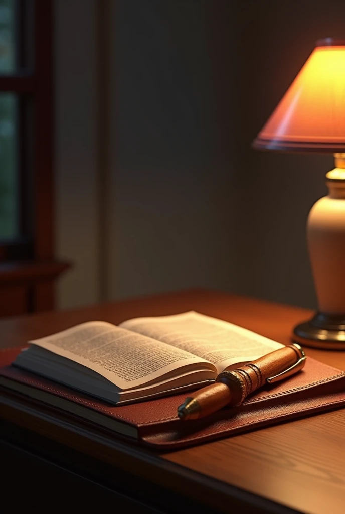 A book on a table with pen and lamp
