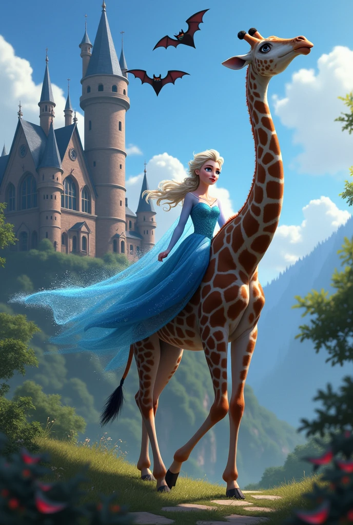 Elsa from Frozen going to school on a giraffe, However, when she gets there she is bitten by a bat and turns into a vampire.
