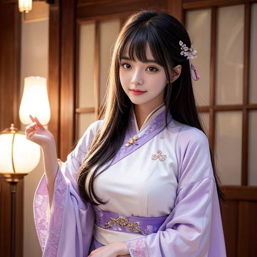best quality, Delicate face，beautiful visual work, lifelike, eternity, black hair, Long curly hair, blunt bangs, Smile, Detailed Background, Delicate face，blush，cold，((masterpiece))、(top quality)、8k、high detail、Super detailed，31-year-old female，身穿唐制Hanfu、waist skirt, Clothes are light and fluffy，Hanfu, wide sleeves, Transparent sleeves, Long sleeve, Tunic, Clothes made of chiffon, masterpiece、born、Scenes resembling fairy tale illustrations、intricate details和複雜的設計、Beautifully、magic、capricious、 Beautifully、Dream aesthetics、「𝓡𝓸𝓶𝓪𝓷𝓽𝓲𝓬、ethereal、charming、fickle、magic」、realism、Visual effects、FXAA、SSAO、Shader、voiceless、ambient lighting、Tone mapping、High resolution、Ultra high quality、Million pixels、(8K resolution:1.10)、8k、8k以下、8K resolution、high detail、intricate details， (high quality:1.2、masterpiece:1.2、:1.21)、(31-year-old female:1.21)、(興奮地Smile)、(被dream般的氛圍所包圍、Model diagram，full-body shot，Normal 2 feet，Put your hands behind you，The protrusion of the breast is visible when wearing clothes, Large Breasts, H cup chest, antiquity, Xian Xia, gauze clothes, Soft and fluttering, Fairy, dream, fantasy, light, Elegant, nature, Immortal, romantic, classical, ribbon, light purple clothes，Behind the Forest