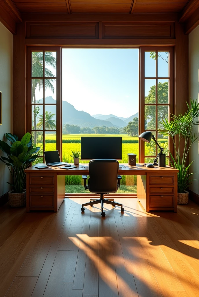 Office room design 
Wooden floor  
Big PC on the wood  table and  office chair 
Open window and door, rice fields view 