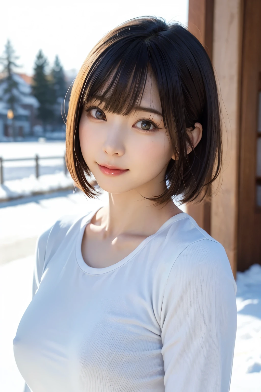 (masterpiece, Highest quality),One Girl, alone, hyper Realistic, Realistic,Realistic, Looking at the audience, Light brown eyes:1.4,Brunette Short Bob Hair with highly detailed shiny hair, Brightly colored winter clothes, Lepangas:1.4), Plein Air, Mouth closed, Upper Body、big chest eye、eyelash、{Hugeな|big chest|Hugeなな|Mega} chest:2, chestの谷間:2、{Huge|big|Hugeな|Mega} chest:2, chestの谷間:2、(((big chest eye、Short Bob Hair、Glowing Skin、Shiny Hair、Student Highlights、Gazing at the audience、She is very beautiful and cute、Listen carefully、Long neck、smile、Close your mouth and smile、bangsと美しい歯、bangs、Perfect Anatomy)))、Ideal body type、(Snowy tree-lined road in winter in Norway, Out of focus background)、美しいLong neck:1.4、Very attractive, Beautiful and cute woman