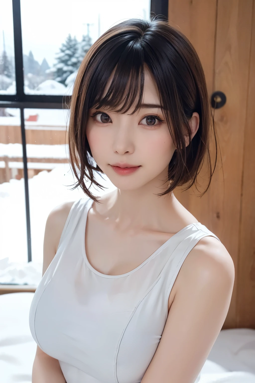 (masterpiece, Highest quality),One Girl, alone, hyper Realistic, Realistic,Realistic, Looking at the audience, Light brown eyes:1.4,Brunette Short Bob Hair with highly detailed shiny hair, Brightly colored winter clothes, Lepangas:1.4), Plein Air, Mouth closed, Upper Body、big chest eye、eyelash、{Hugeな|big chest|Hugeなな|Mega} chest:2, chestの谷間:2、{Huge|big|Hugeな|Mega} chest:2, chestの谷間:2、(((big chest eye、Short Bob Hair、Glowing Skin、Shiny Hair、Student Highlights、Gazing at the audience、She is very beautiful and cute、Listen carefully、Long neck、smile、Close your mouth and smile、bangsと美しい歯、bangs、Perfect Anatomy)))、Ideal body type、（Snowy tree-lined road in winter in Norway, Out of focus background）、美しいLong neck:1.4、Very attractive, Beautiful and cute woman