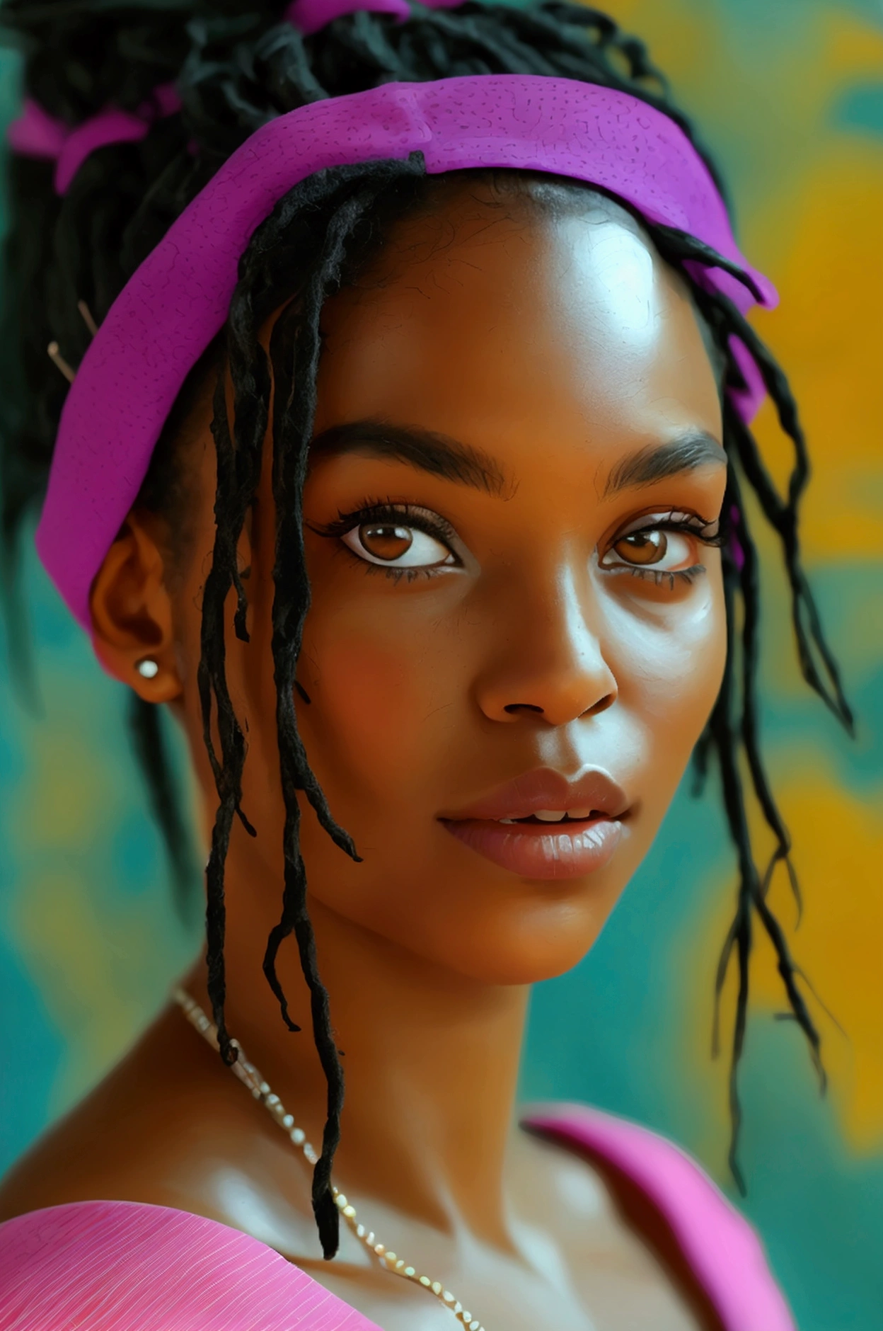 1 girl 23 old years dreadlocks,( full body) black hair, amber eyes, excited, UHD, masterpiece, anatomically correct, super detail, high quality, high details, best quality, highres, HD, 16k, , in the style of Quentin Tarantino, Pastel, Modern, --c 51