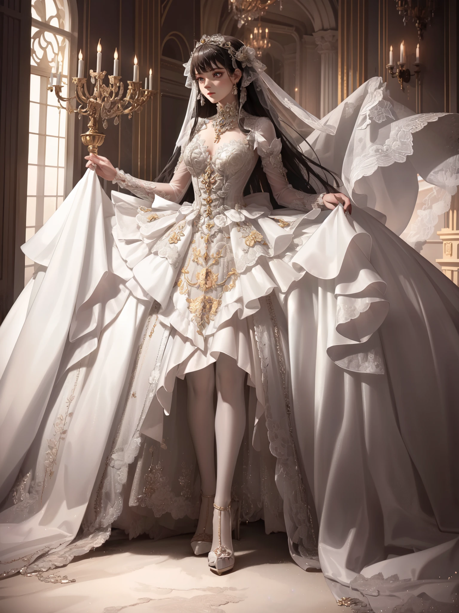 masterpiece, absurdres, incredibly absurdres, extremely detailed, best quality, lodress, white pantyhose,high heels, full body, 1girl, solo, slim, long black hair, expressionless, looking at viewer, detailed background, standing, indoors, palace, luxury decorations, sunshine,  