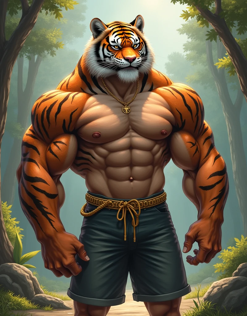 1boy, 1man, solo, (furry tiger), Park, extremely huge muscular, massive muscular , (topless, shirtless, shorts), 