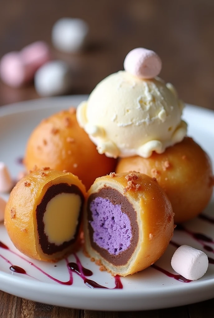 Make me an image of wrap pops. It’s a siomai wrapper with sweet fillings of ube-cheese, chocolate-banana, and mango-cream cheese. It’s ball form. It’s fried so it’s crispy in the outside and sweet in the outside. I want it to be sealed. It has a chocolate and ube drizzled plus marshmallows on top. It also has ice cream on top. I want the image to have all that 3 flavors. It’s not in stick. 1 ice cream only. Put it in a plate. I want it have all flavors and fruits, 3 balls only. I want it have ube and chocolate drizzled, marshmallows, and ice cream on top please. Plus ube drizzle and 1 ice cream on top of that 3 balls