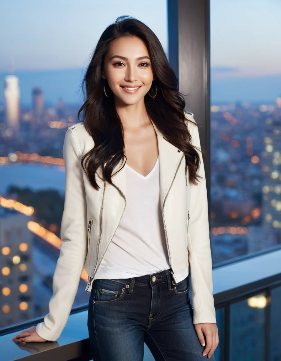 American woman, 28 years old, sun-kissed white complexion, long jet-black hair cascading in silky waves, heart-shaped face with a delicately upturned nose, light chestnut eyes sparkling with curiosity, warm and inviting smile that lights up her features, high and defined cheekbones adding elegance to her profile, wearing a casual yet chic ensemble of well-fitted blue jeans, a crisp white T-shirt, and a supple black leather jacket, background of a sleek top-floor apartment with floor-to-ceiling windows offering a breathtaking panoramic view of a bustling cityscape at dusk.