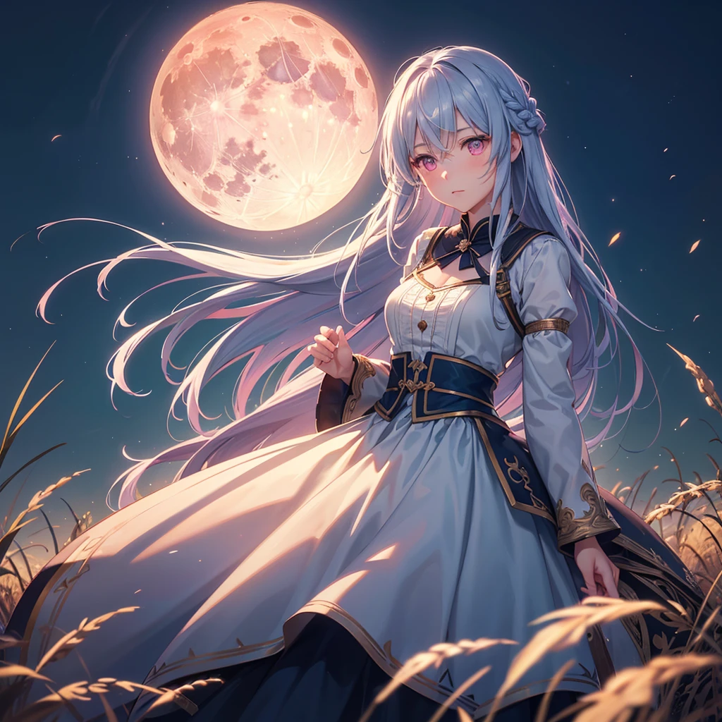 (Sky blue braided medium length hair), (Pink eyes),(Fair skin) ,(whole body),(One Girl),(harvest moon),(A large amount of Miscanthus sinensis in the background),autumn,(full moon),(masterpiece, Highest quality, Very detailed, Best Shadow), (Detailed Background), (Beautifully detailed face), High Contrast, (Best lighting, Very delicate and beautiful), ((Cinematic Light)), Hyper Detail,8k, Dramatic Light, Intricate details