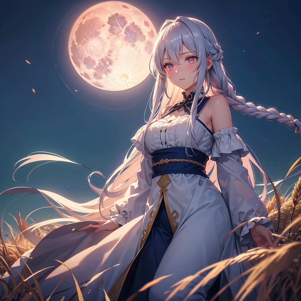 (Sky blue braided medium length hair), (Pink eyes),(Fair skin) ,(whole body),(One Girl),(harvest moon),(A large amount of Miscanthus sinensis in the background),autumn,(full moon),(masterpiece, Highest quality, Very detailed, Best Shadow), (Detailed Background), (Beautifully detailed face), High Contrast, (Best lighting, Very delicate and beautiful), ((Cinematic Light)), Hyper Detail,8k, Dramatic Light, Intricate details