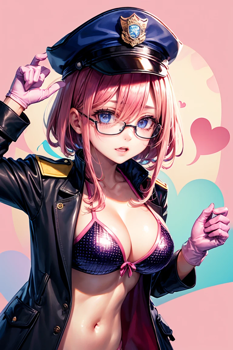 realisitic、top-quality、1girl in 、Police Officer Cap Pink Hair ,Short hair, Heart shaped pupils, ,Pink Sequin Bikini , Black PVC gloves 、glasses