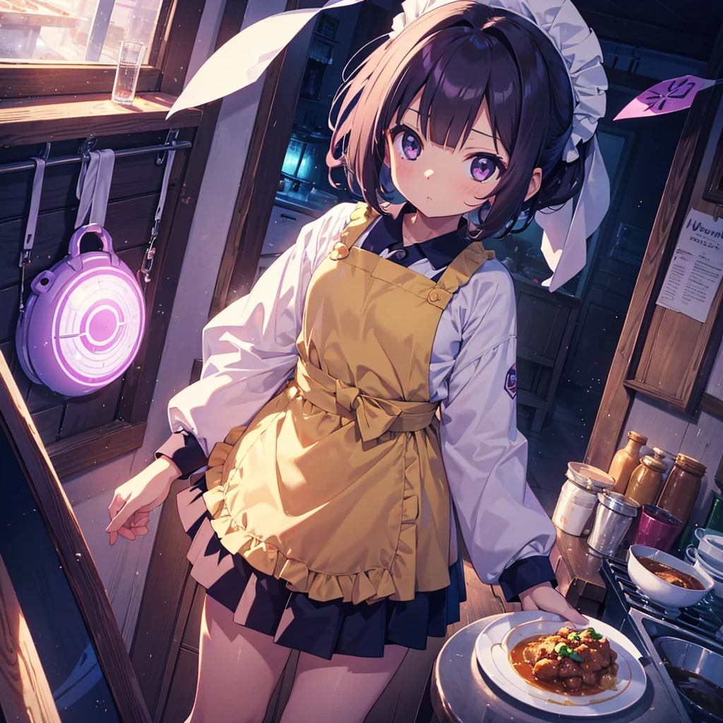 {{{Masterpiece, highest quality, high-resolution background}}}, bright and beautiful atmosphere, 1 girl (7 years old, round face, baby face), small breasts, kitchen, curry in a very large sleeve, wearing an apron, A girl wearing a kappou uniform and shaking her body, "deltamon_sdXL :0.73) >Deltamon"