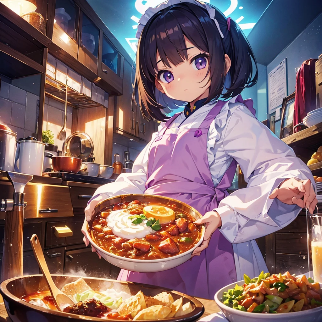 {{{Masterpiece, highest quality, high-resolution background}}}, bright and beautiful atmosphere, 1 girl (7 years old, round face, baby face), small breasts, kitchen, curry in a very large sleeve, wearing an apron, A girl wearing a kappou uniform and shaking her body, "deltamon_sdXL :0.73) >Deltamon"