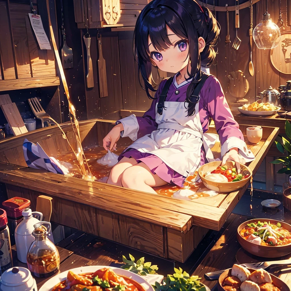 {{{Masterpiece, highest quality, high-resolution background}}}, bright and beautiful atmosphere, 1 girl (7 years old, round face, baby face), small breasts, kitchen, curry in a very large sleeve, wearing an apron, A girl wearing a kappou uniform and shaking her body, "deltamon_sdXL :0.73) >Deltamon"